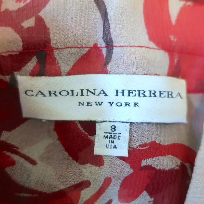 Carolina Herrera Button-Up Blouse Red/Gray Printed Silk Size 8 Sleeveless Top