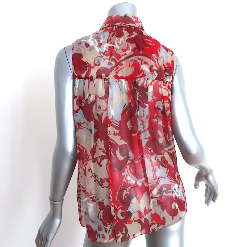 Carolina Herrera Button-Up Blouse Red/Gray Printed Silk Size 8 Sleeveless Top