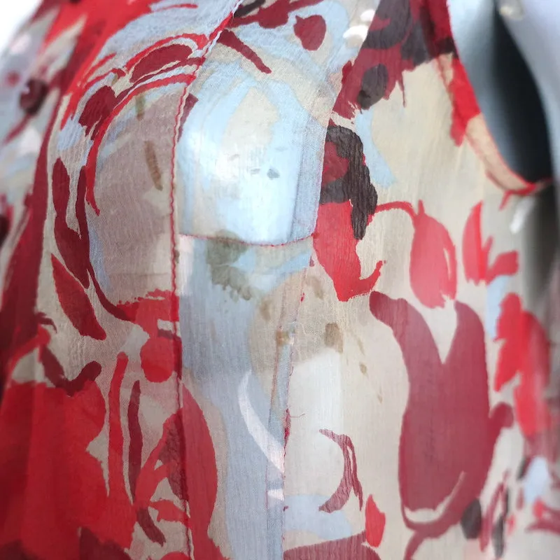 Carolina Herrera Button-Up Blouse Red/Gray Printed Silk Size 8 Sleeveless Top