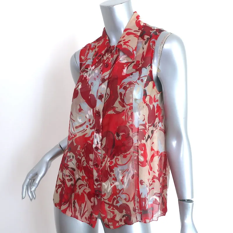Carolina Herrera Button-Up Blouse Red/Gray Printed Silk Size 8 Sleeveless Top