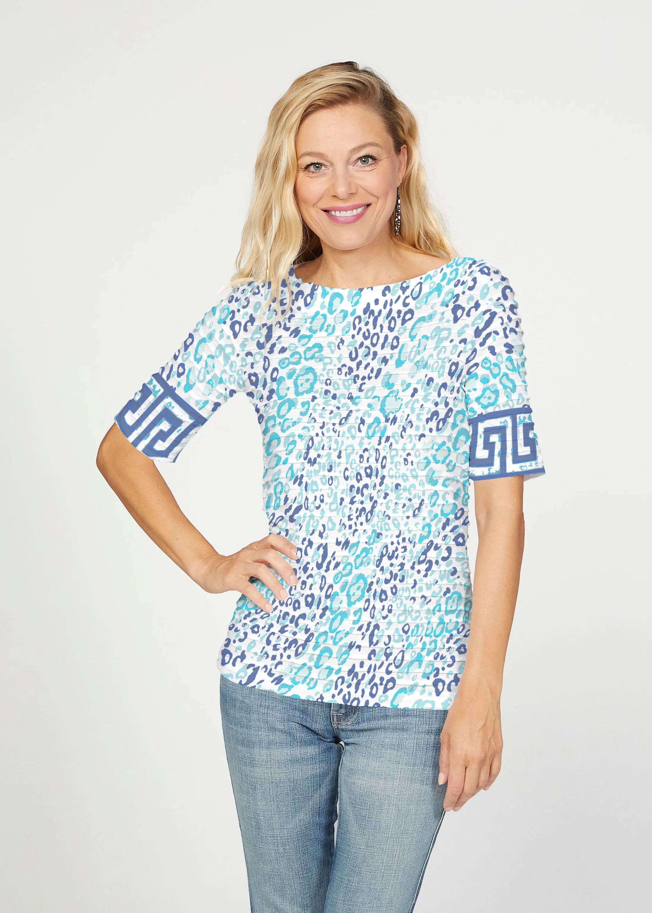 Cat Blue (7755) ~ Banded Elbow Sleeve Boat Neck Top