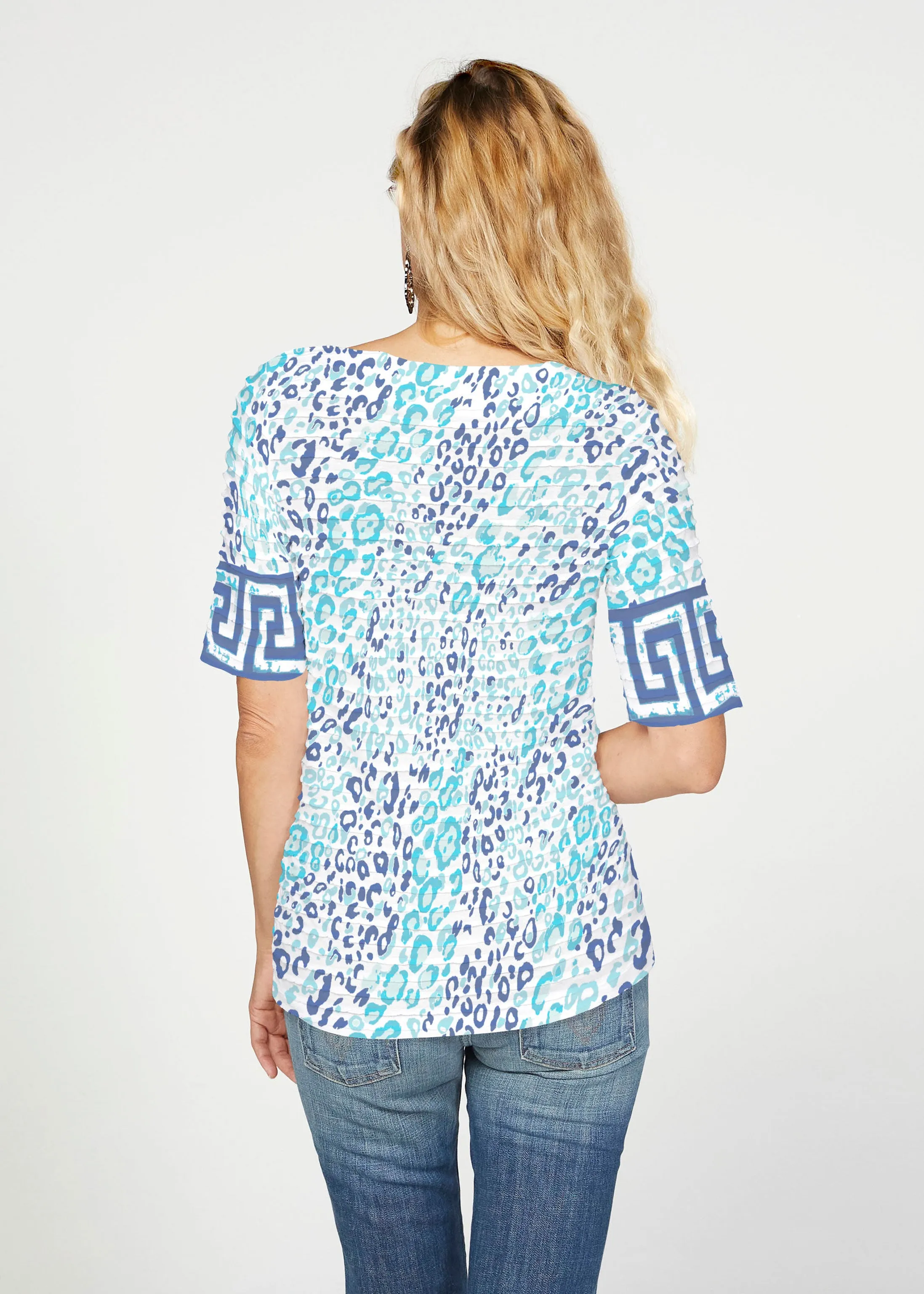 Cat Blue (7755) ~ Banded Elbow Sleeve Boat Neck Top