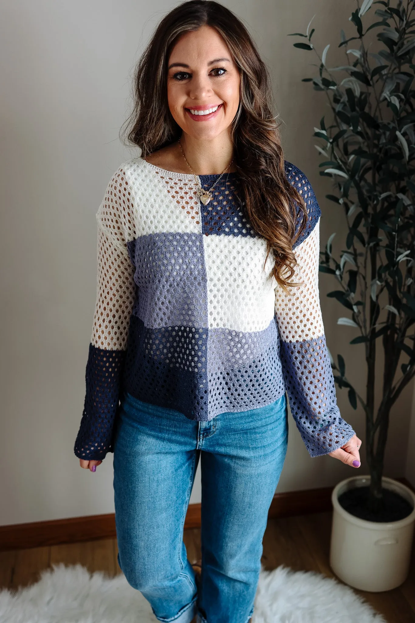 Celeste Colorblock Fishnet Sweater - Blue