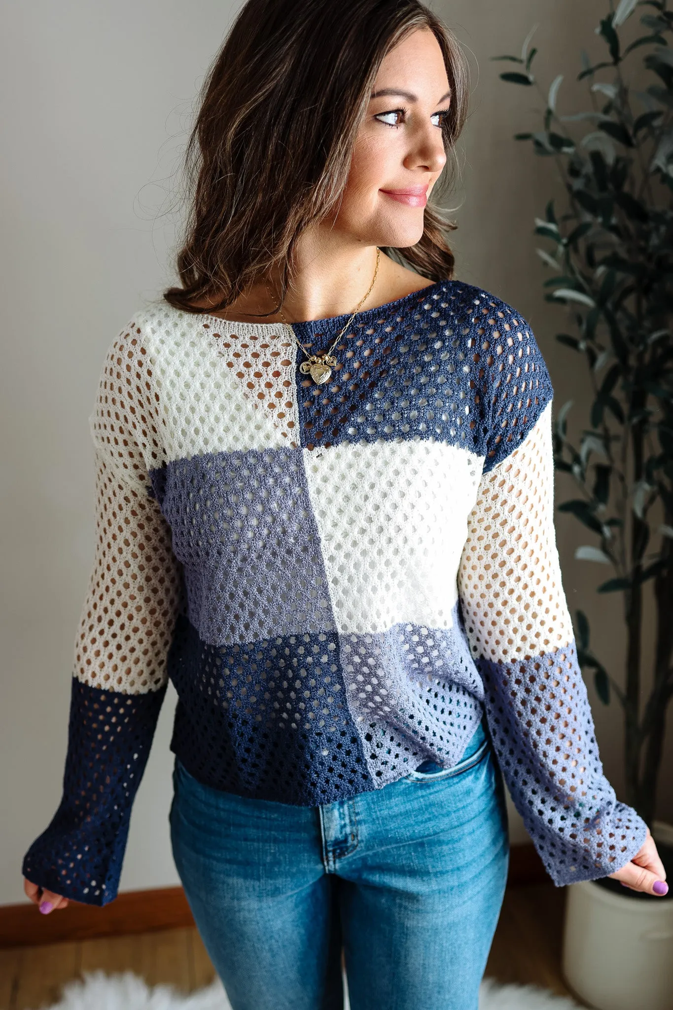 Celeste Colorblock Fishnet Sweater - Blue