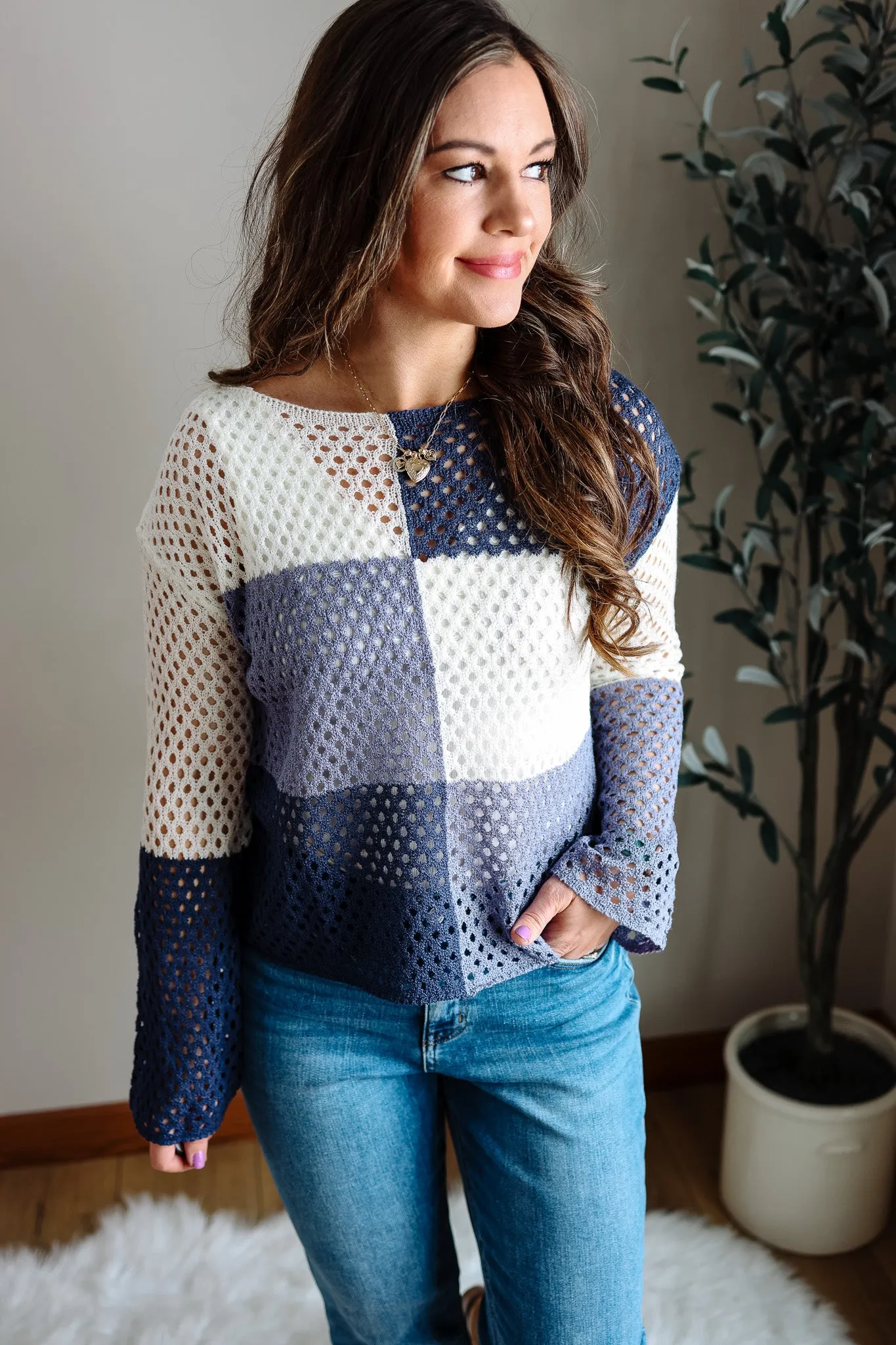 Celeste Colorblock Fishnet Sweater - Blue