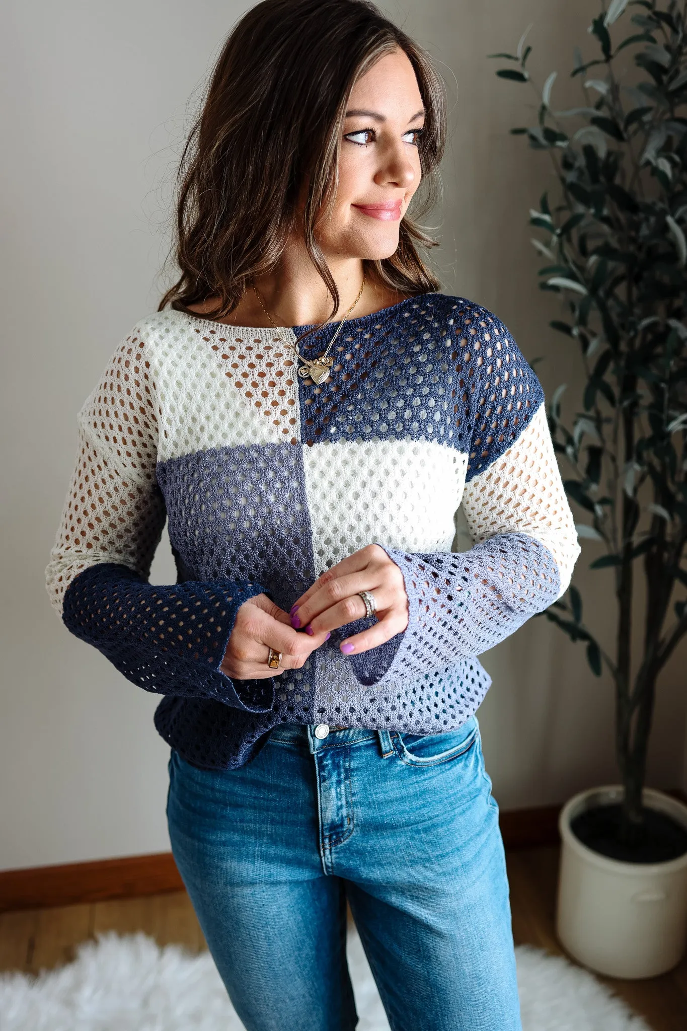 Celeste Colorblock Fishnet Sweater - Blue