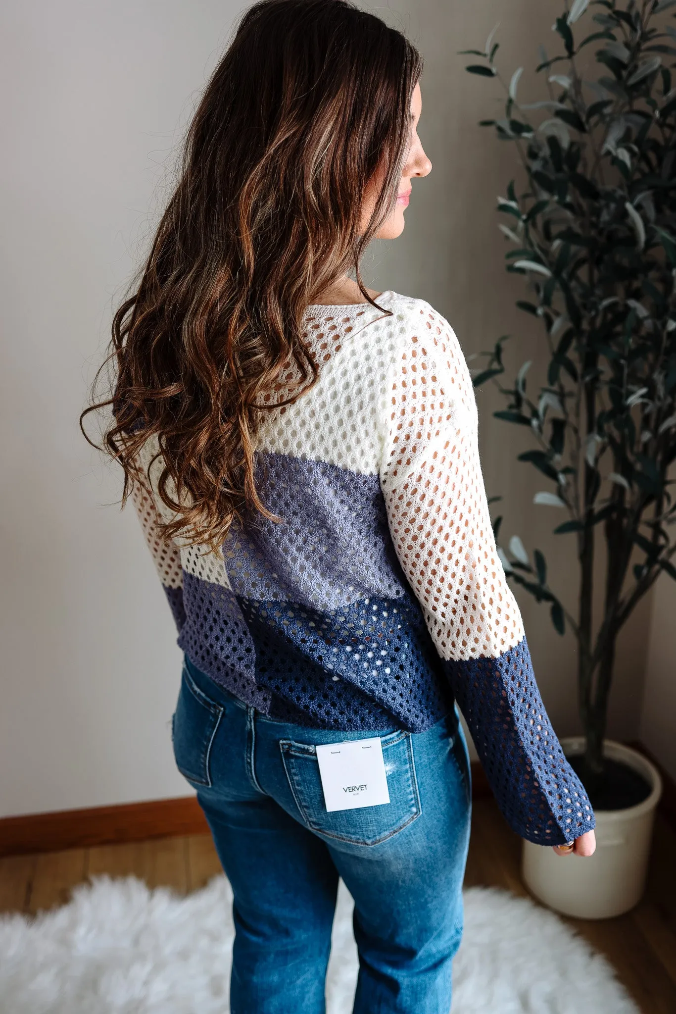 Celeste Colorblock Fishnet Sweater - Blue