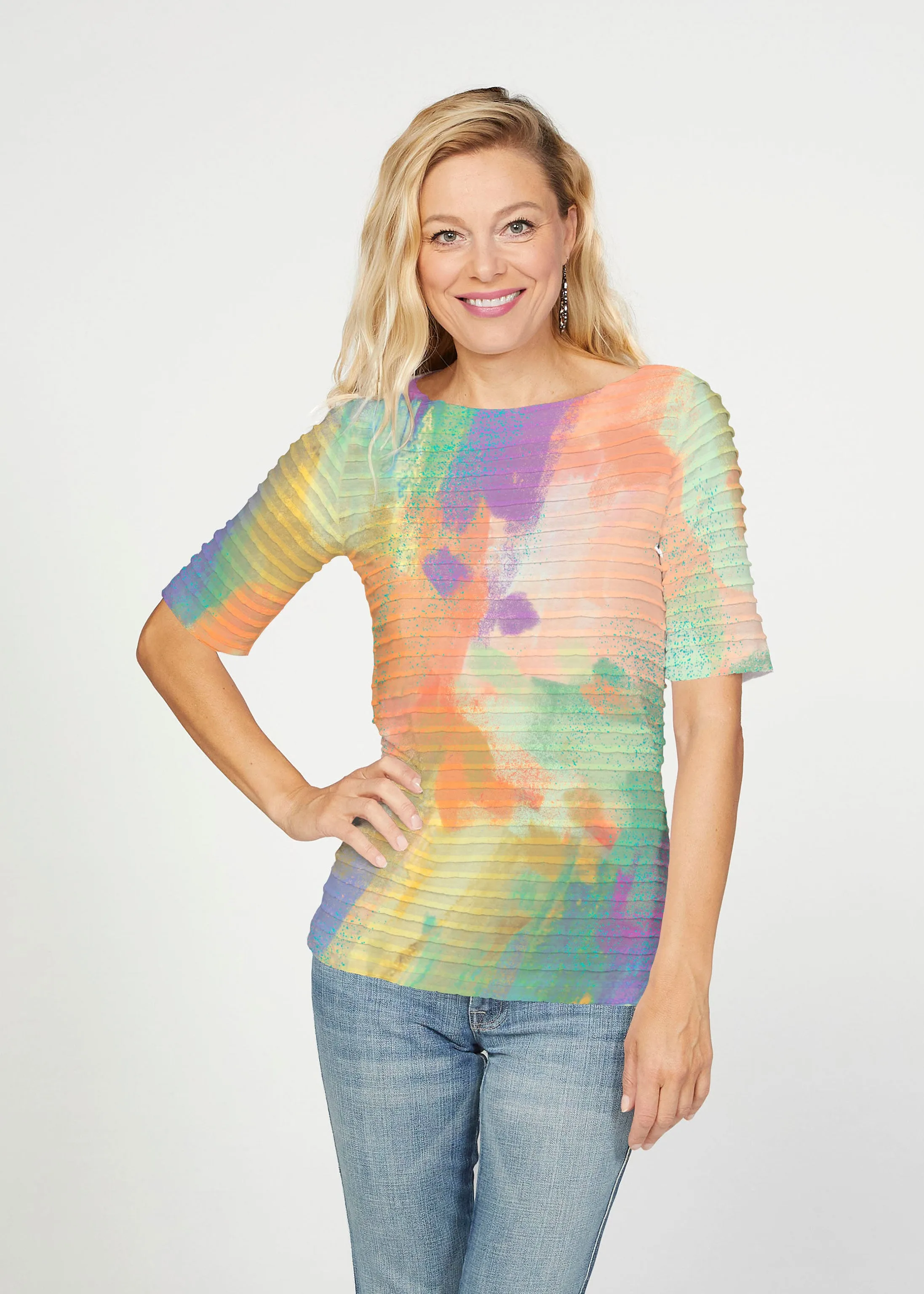 Chalk Of Dreams (17278) ~ Banded Elbow Sleeve Boat Neck Top