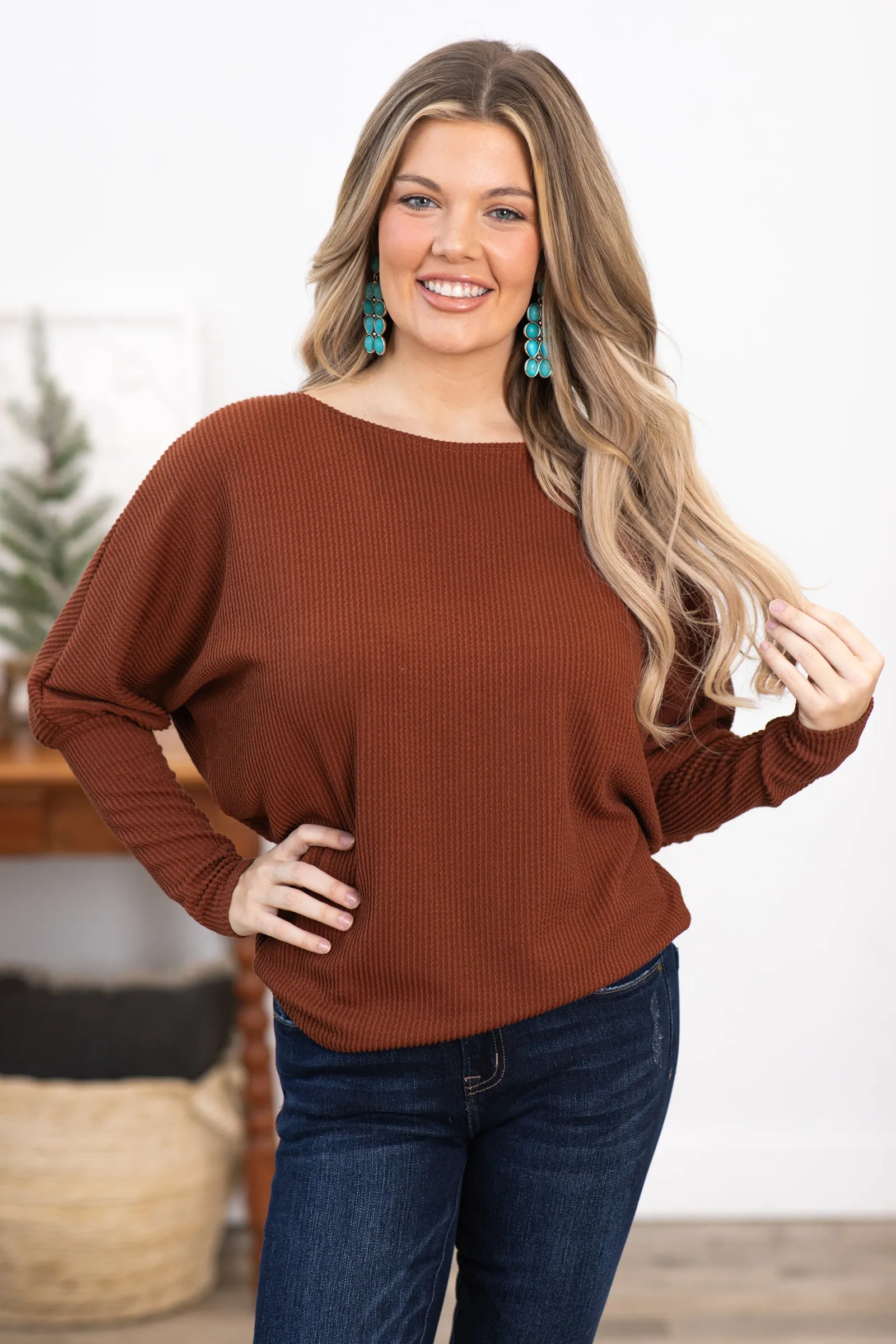 Chestnut Boat Neck Dolman Sleeve Top
