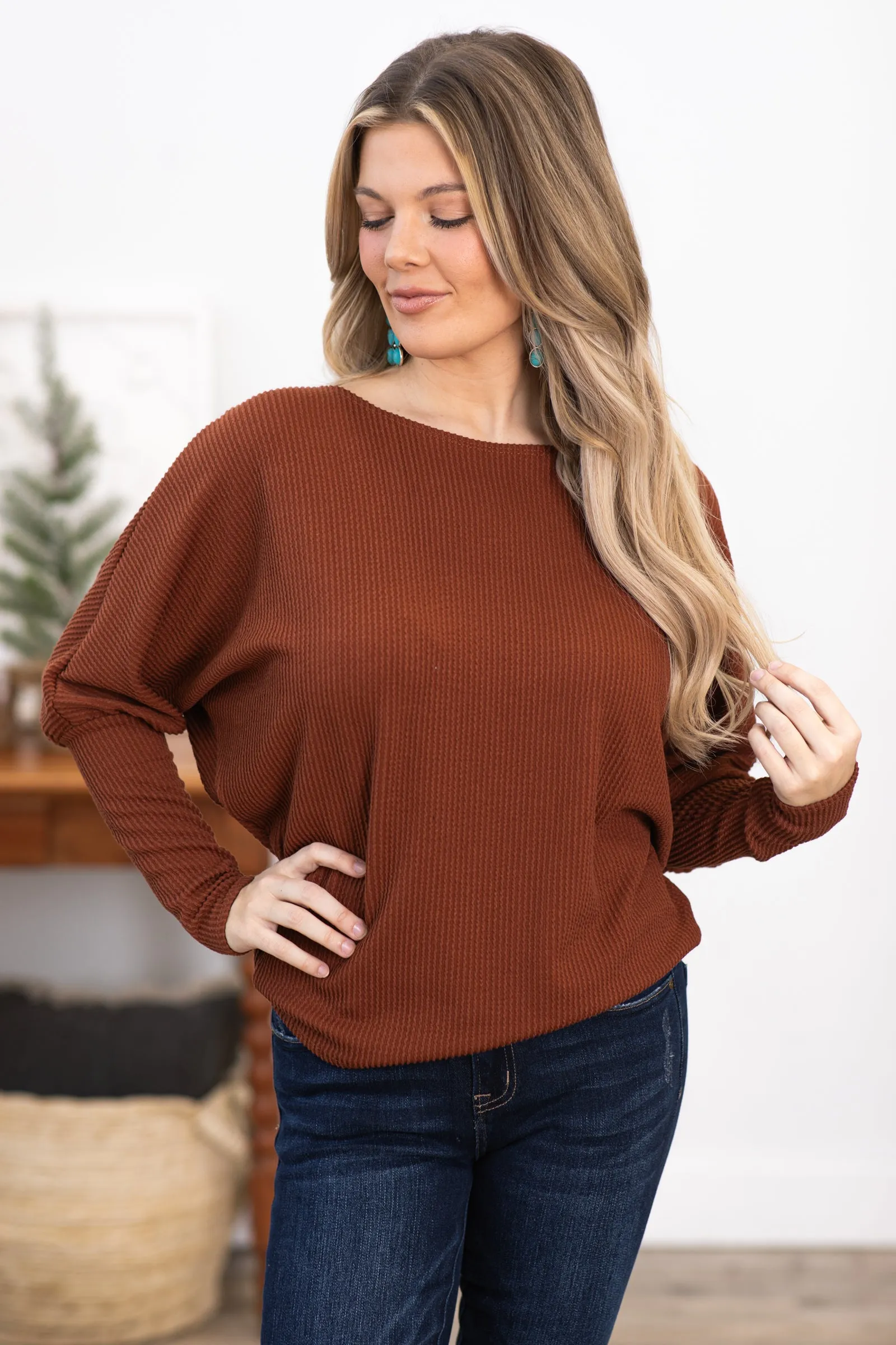 Chestnut Boat Neck Dolman Sleeve Top