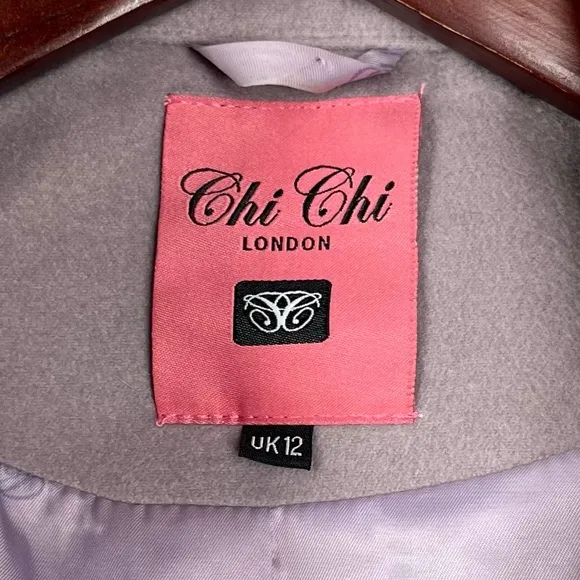Chi Chi London Trench Coat women’s UK 12 Taupe Purple Lined Felt long jacket US8