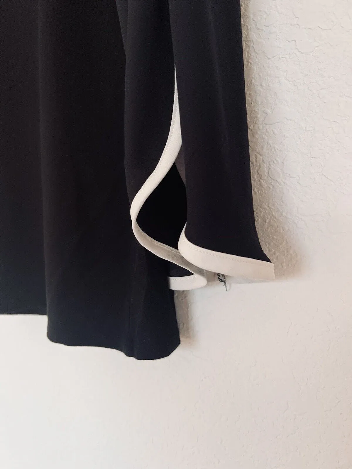 CHICO’S Black 3/4 Sleeve Black Blouse Sz 8-10 White Trim Chiffon Sheer Career
