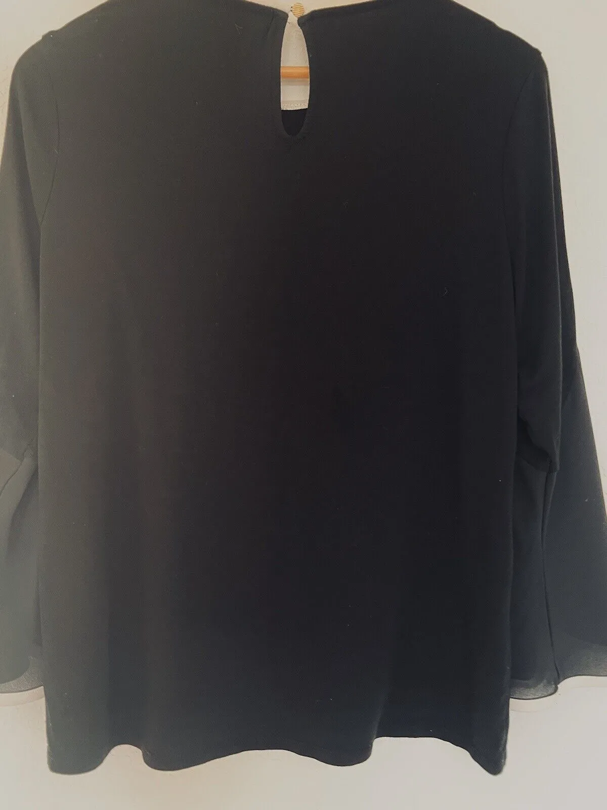CHICO’S Black 3/4 Sleeve Black Blouse Sz 8-10 White Trim Chiffon Sheer Career