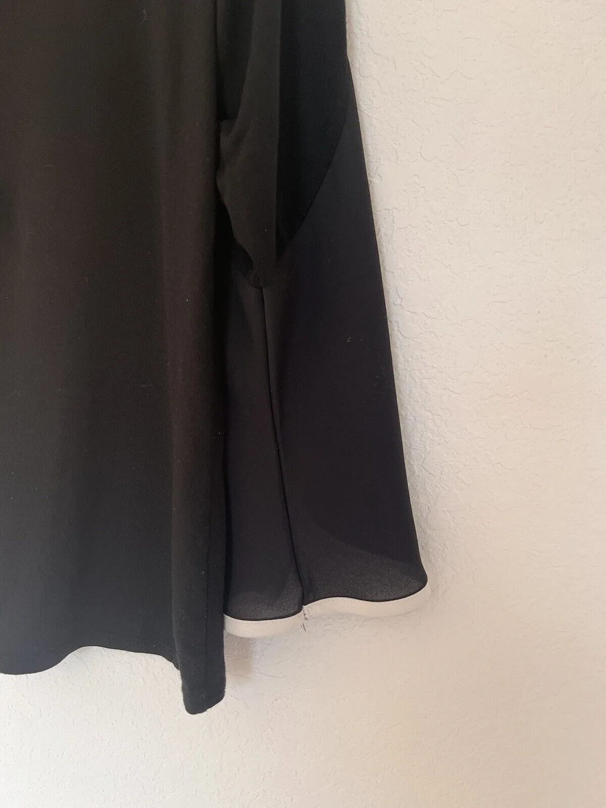 CHICO’S Black 3/4 Sleeve Black Blouse Sz 8-10 White Trim Chiffon Sheer Career