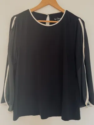 CHICO’S Black 3/4 Sleeve Black Blouse Sz 8-10 White Trim Chiffon Sheer Career