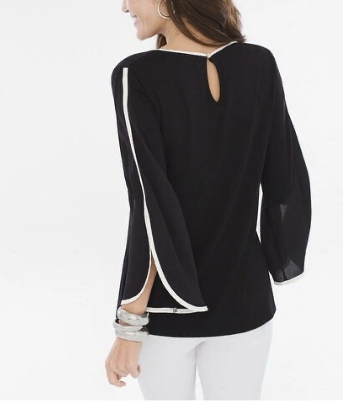 CHICO’S Black 3/4 Sleeve Black Blouse Sz 8-10 White Trim Chiffon Sheer Career