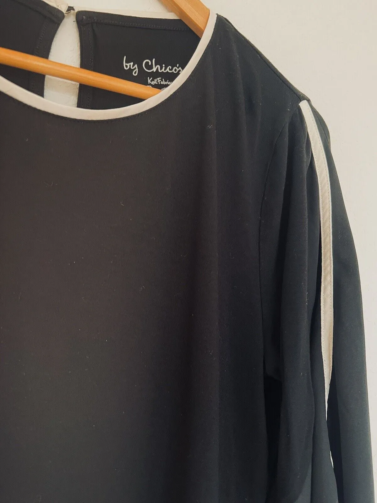 CHICO’S Black 3/4 Sleeve Black Blouse Sz 8-10 White Trim Chiffon Sheer Career