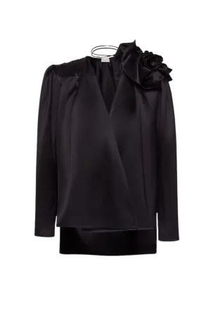 Classic Shirred Flower Blouse | Black