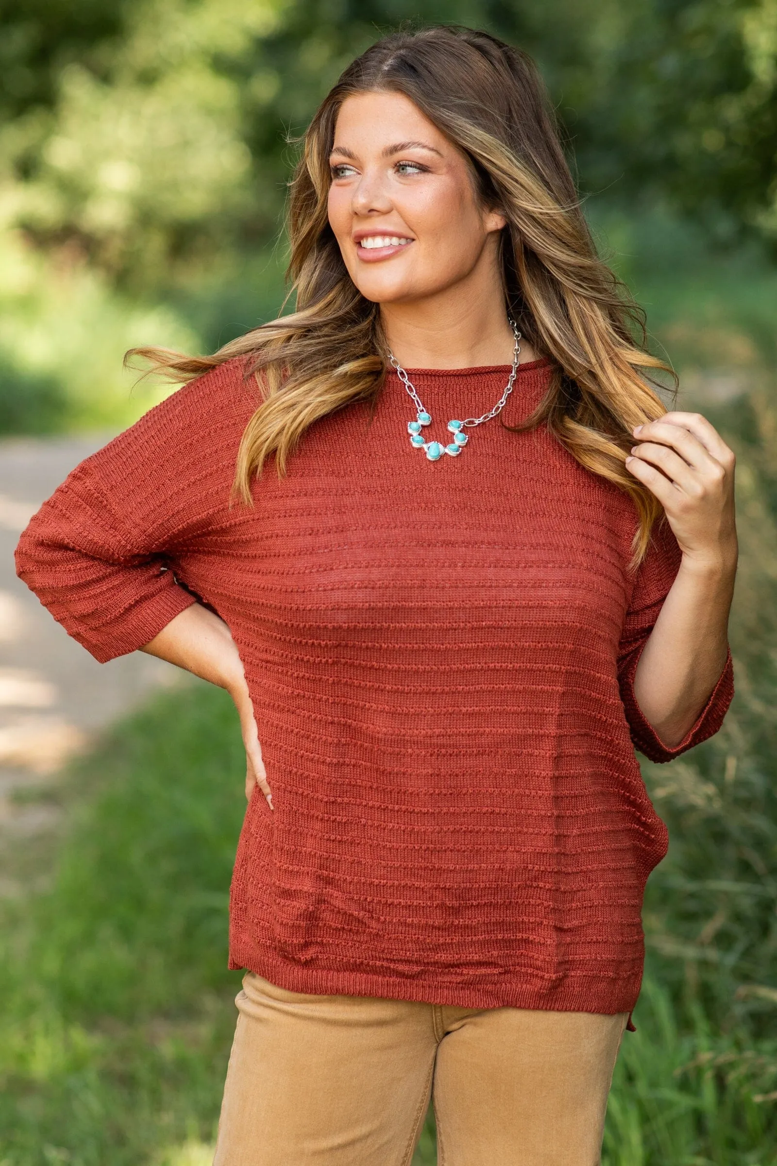 Cognac Boat Neck Textured Side Slit Top