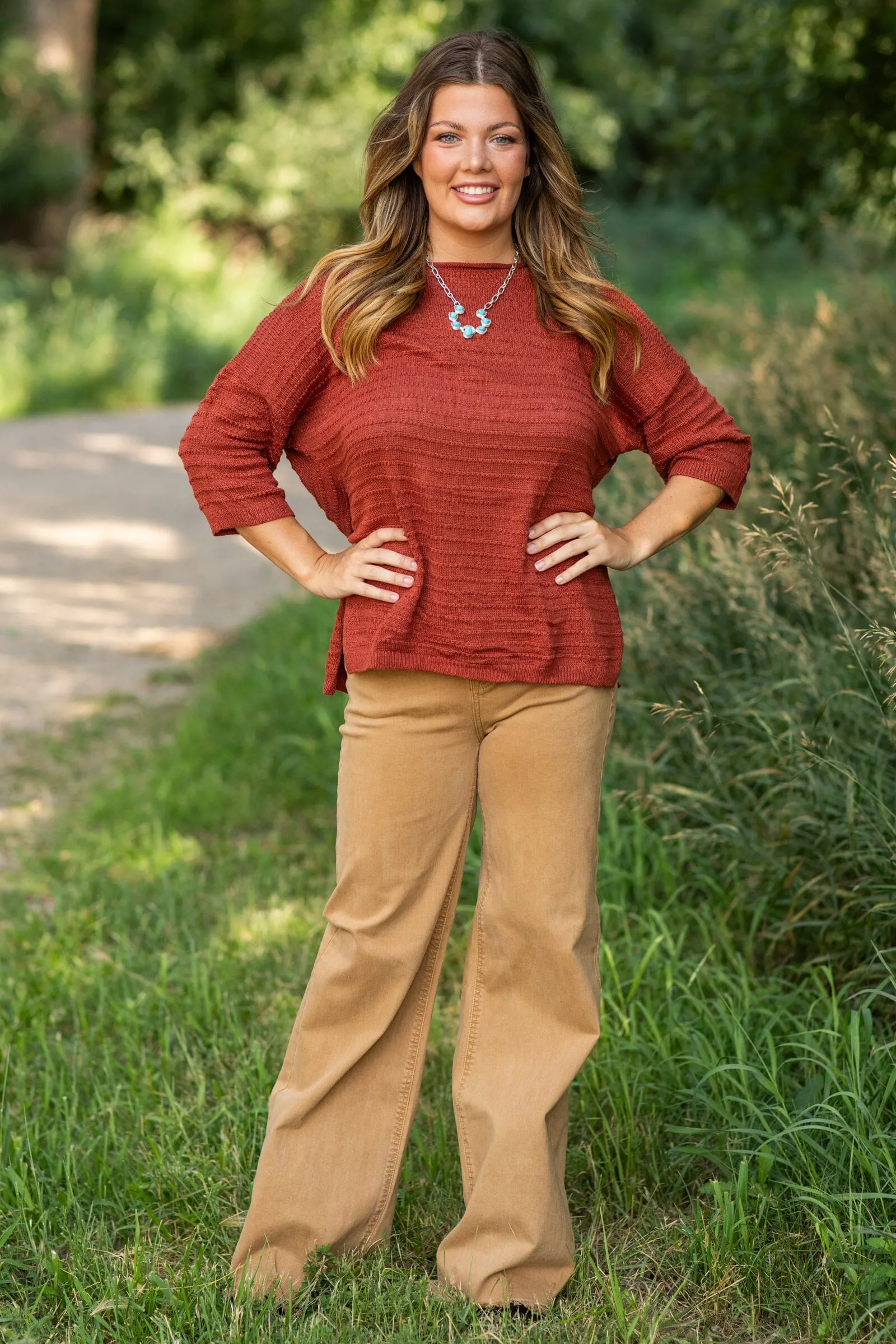 Cognac Boat Neck Textured Side Slit Top