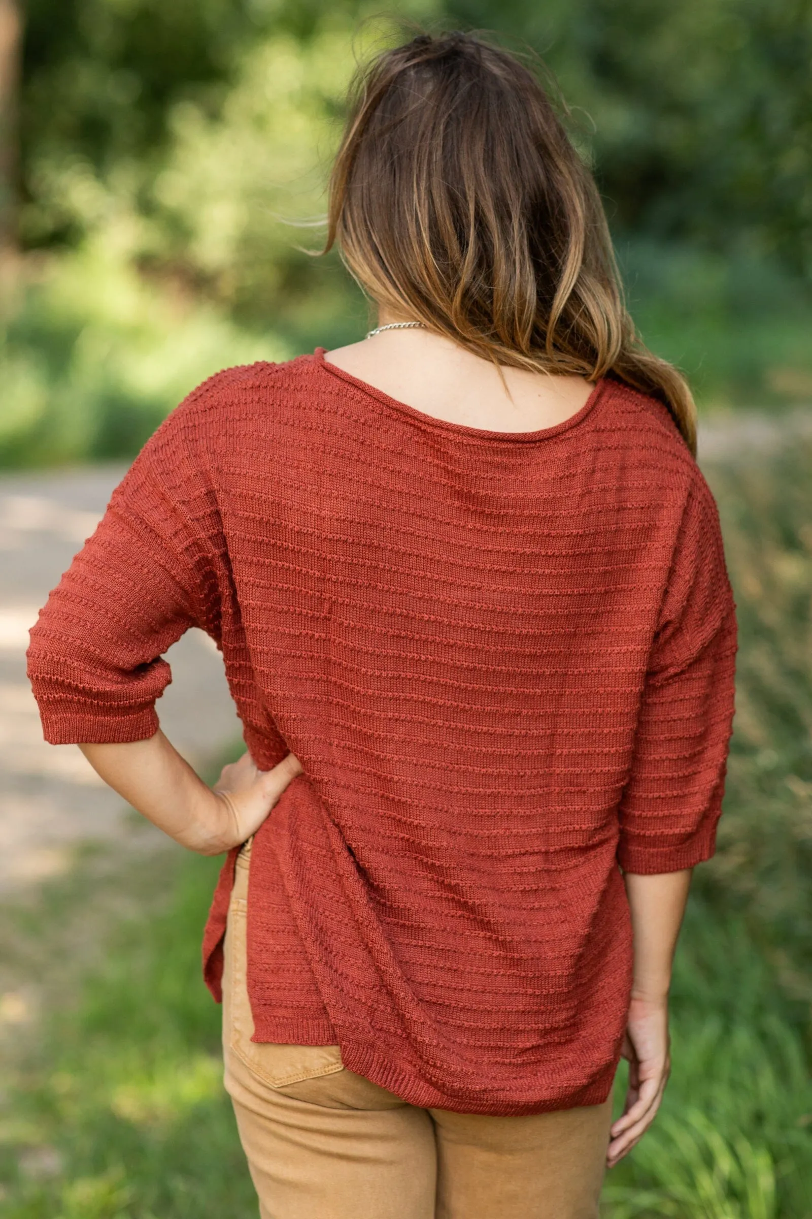 Cognac Boat Neck Textured Side Slit Top