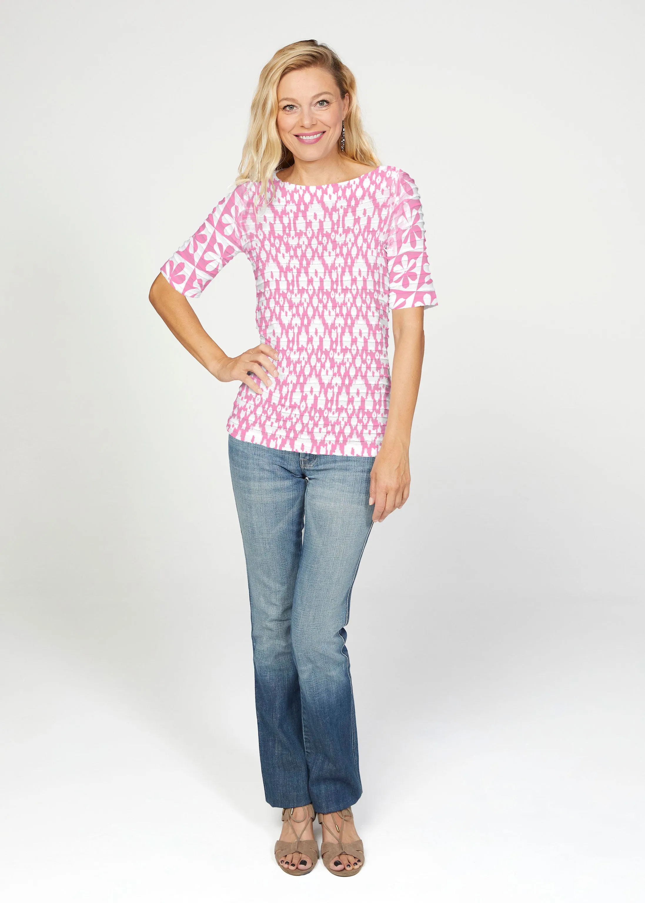 Cosmo Ikat (7933) ~ Banded Elbow Sleeve Boat Neck Top