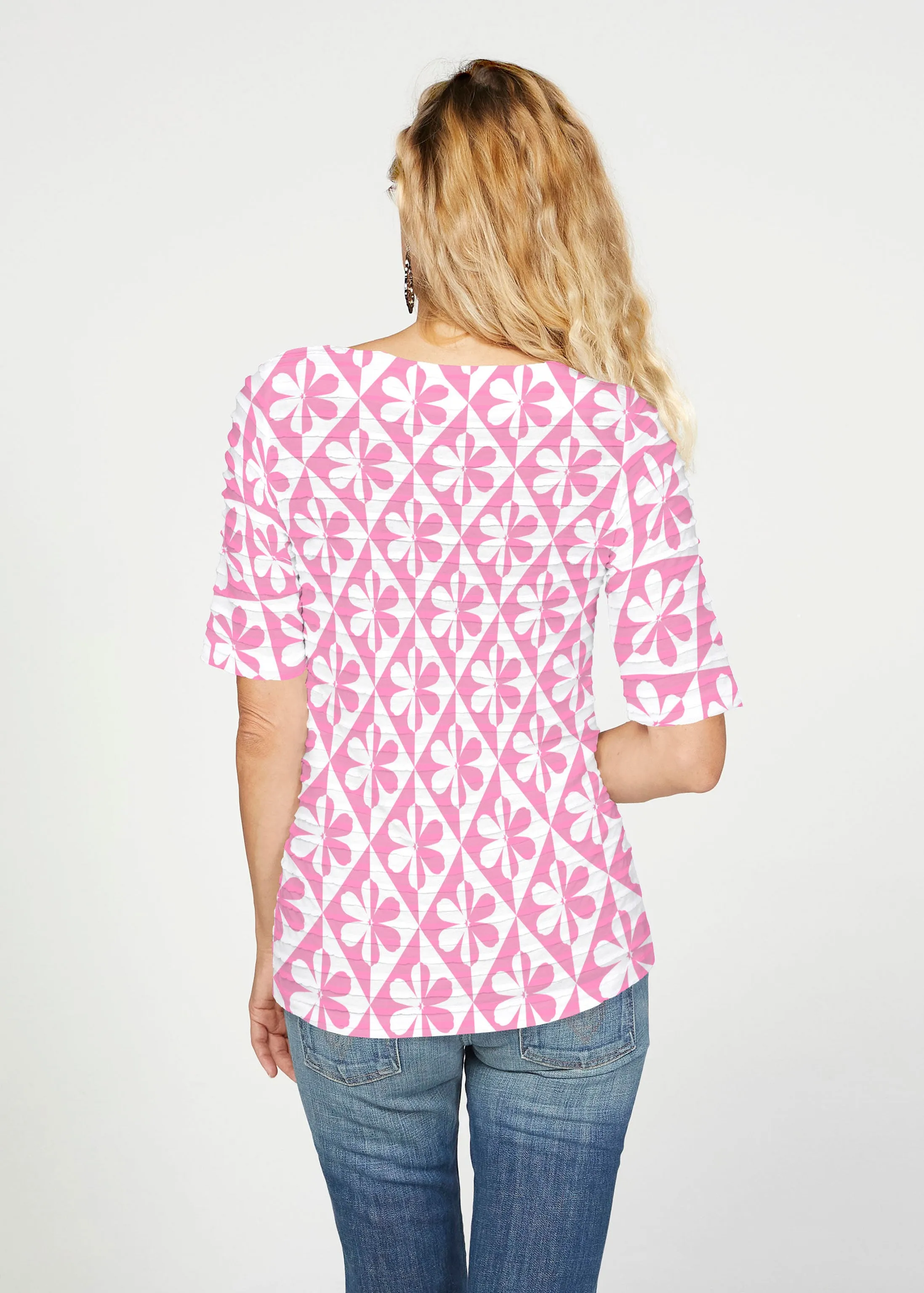 Cosmo Ikat (7933) ~ Banded Elbow Sleeve Boat Neck Top