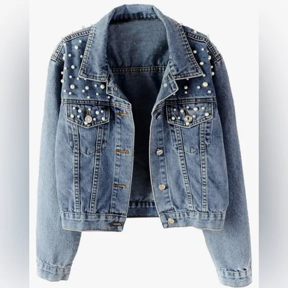 Denim Jacket Embroidered Pearls size medium
