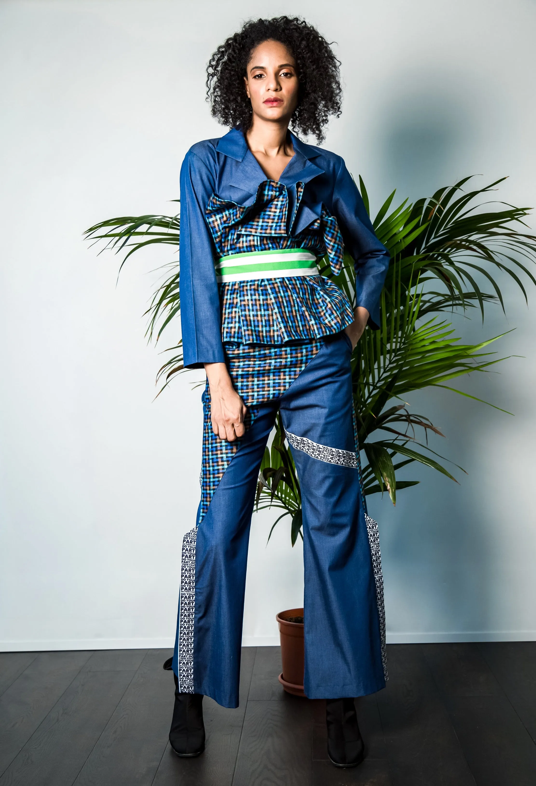 Denim-Linen Ruffled Jacket