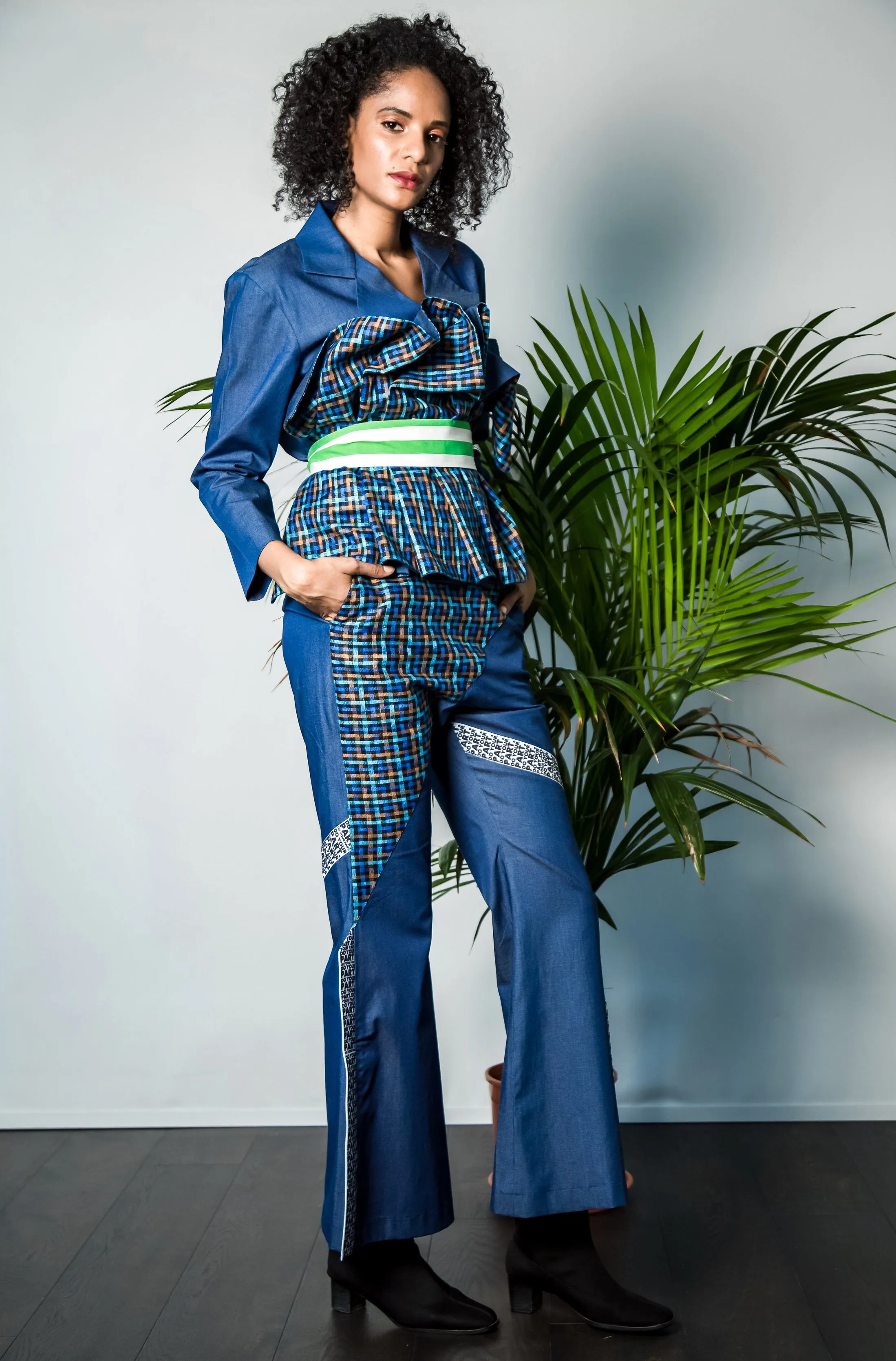 Denim-Linen Ruffled Jacket