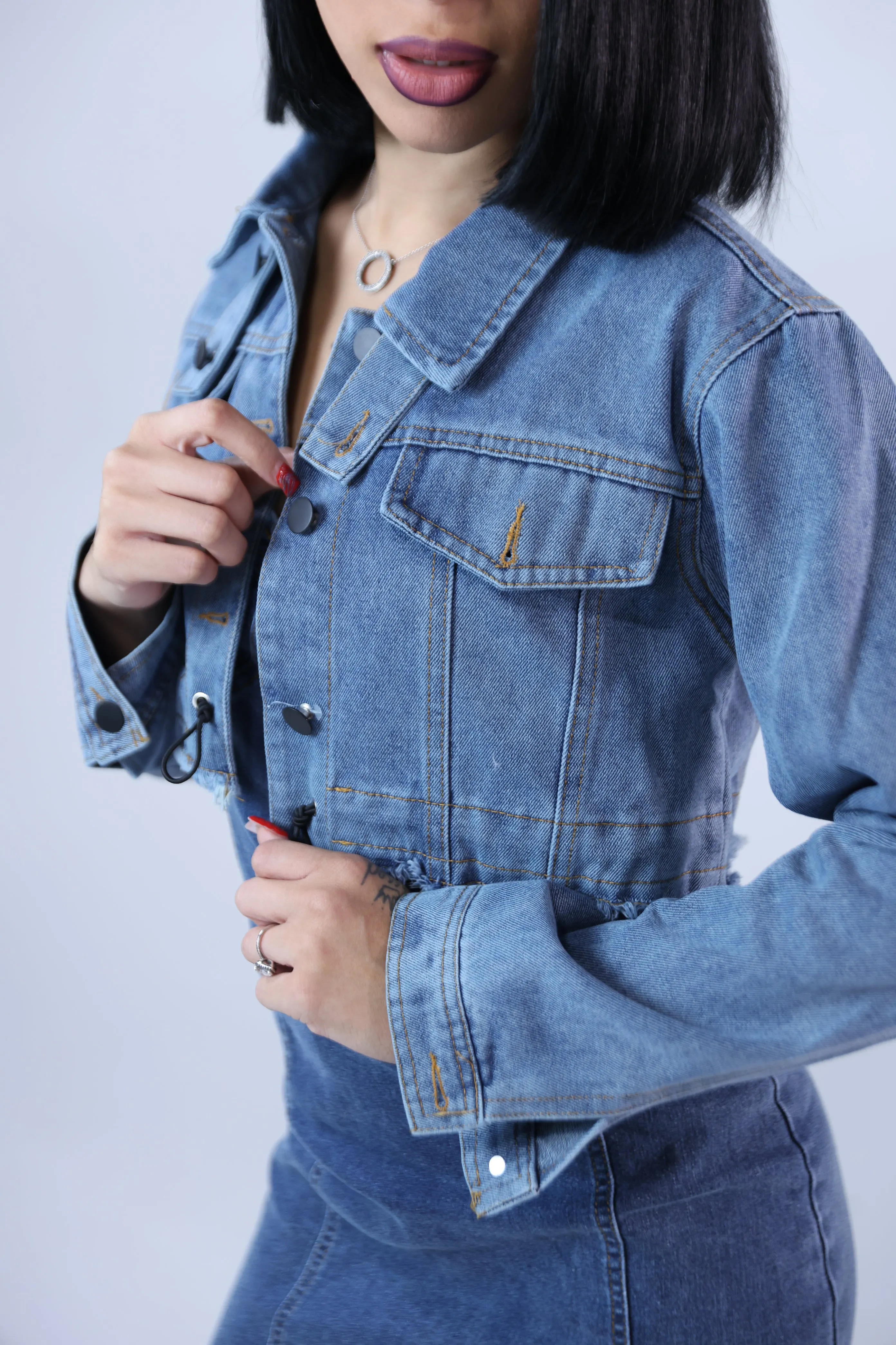 Denim Spaghetti Strap Dress And Crop Jacket