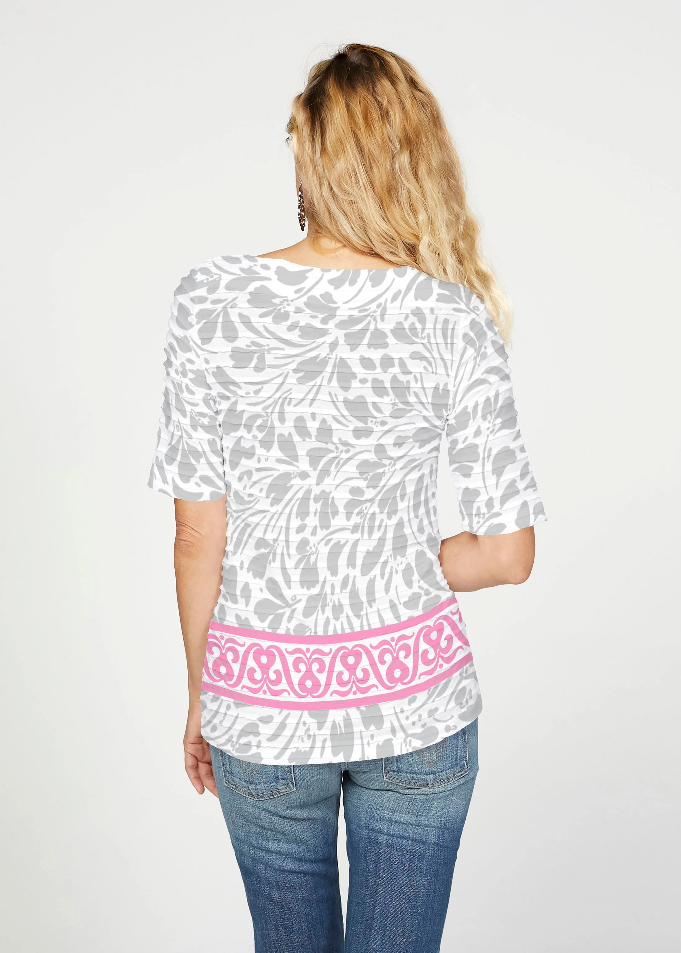 Ditsy Grey (7936) ~ Banded Elbow Sleeve Boat Neck Top
