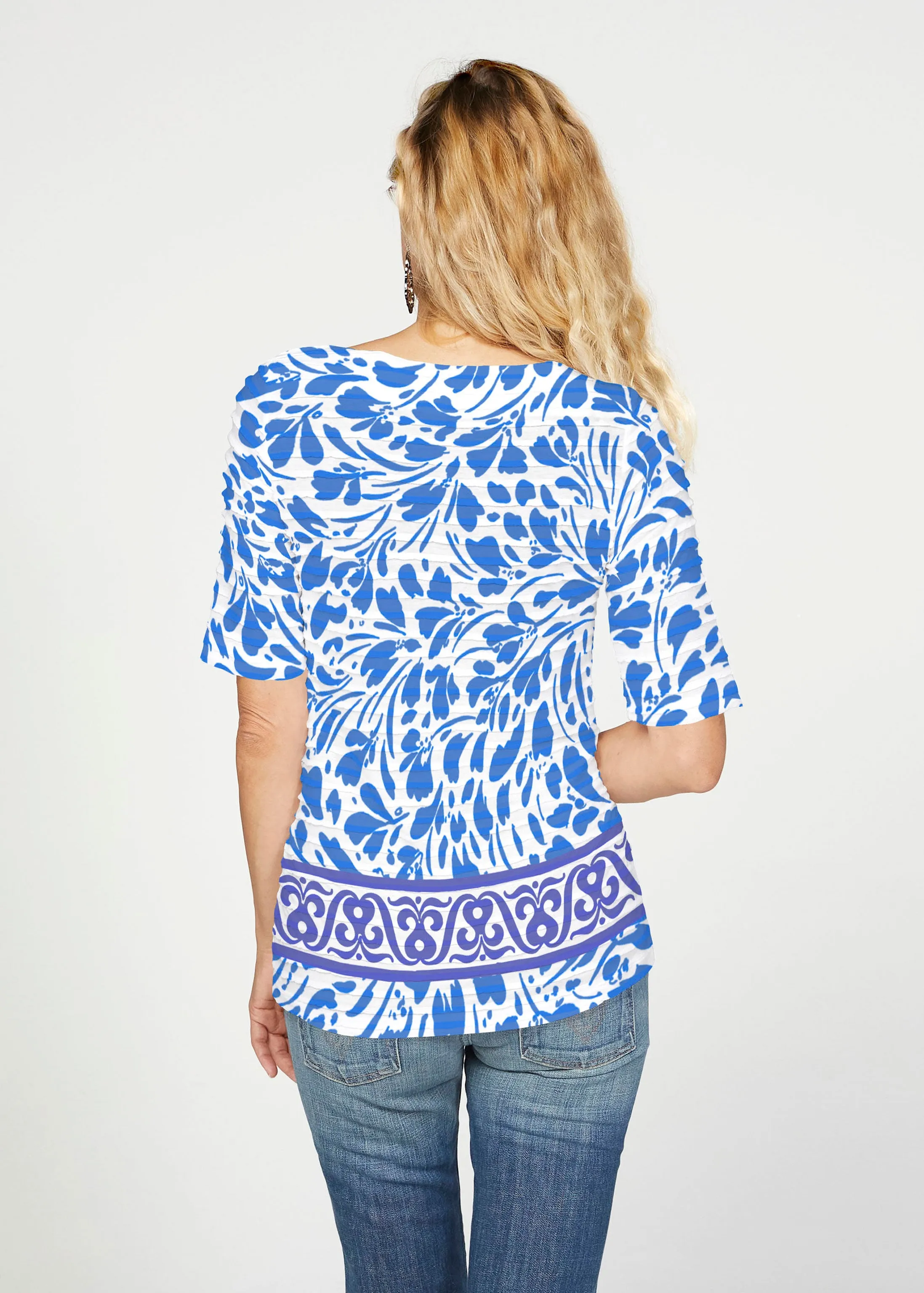 Ditsy Royal (7930) ~ Banded Elbow Sleeve Boat Neck Top