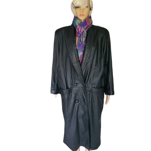 Donna Pelle Leather Black Trench Coat. Size Medium.