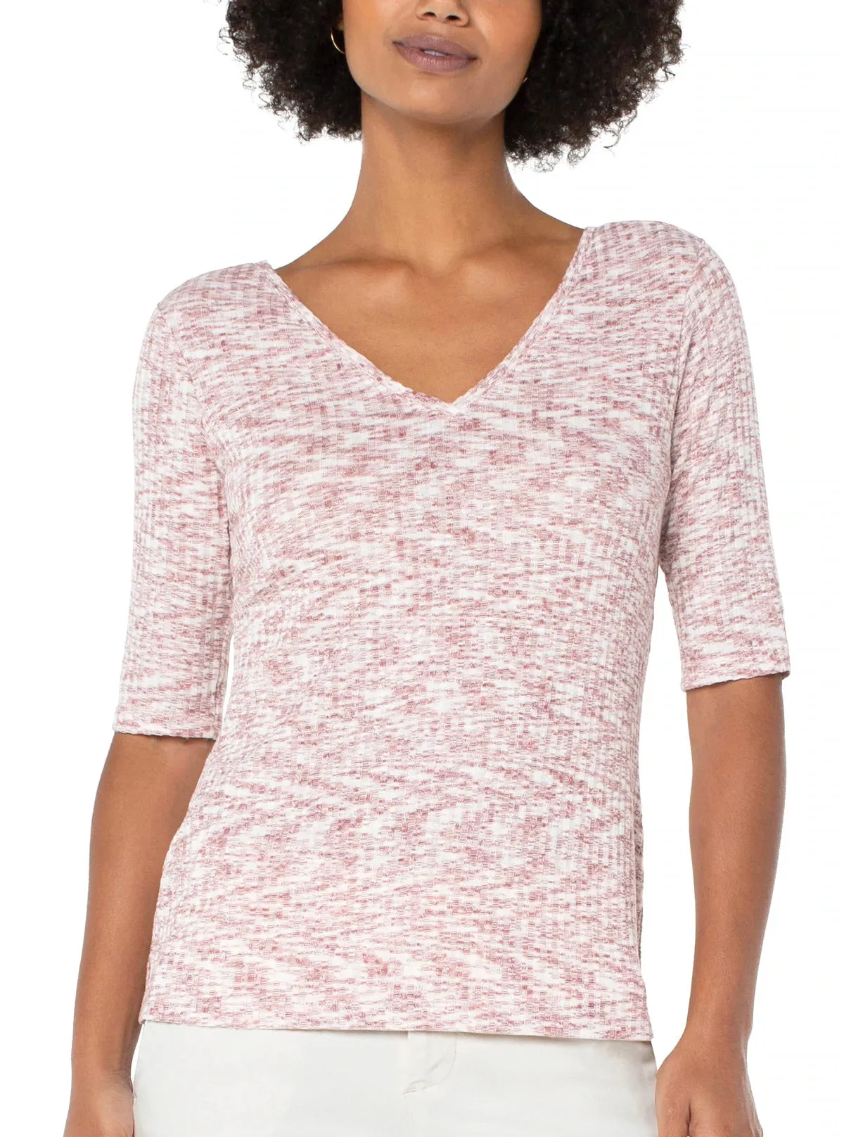 Double V Neck Elbow Length Sleeve Tee