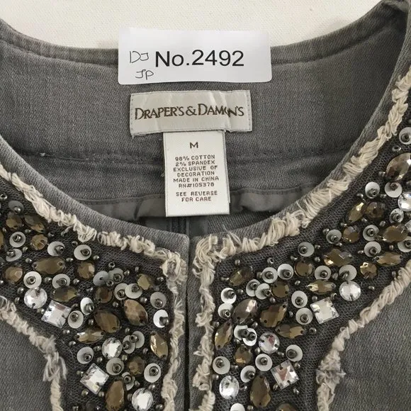 Draper's &amp; Damon's Womens M Stretch Denim Jacket Bead Embellishments Crew Neck
