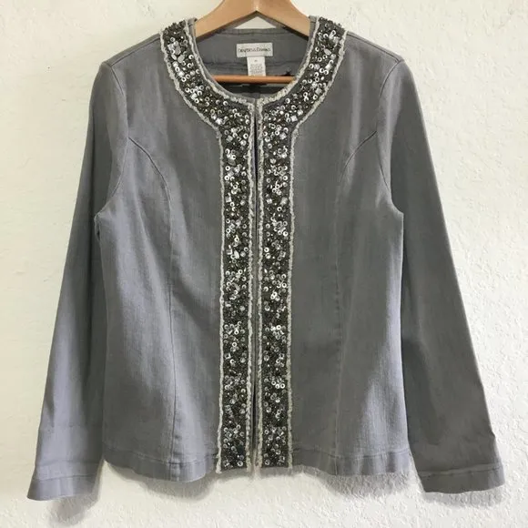 Draper's &amp; Damon's Womens M Stretch Denim Jacket Bead Embellishments Crew Neck
