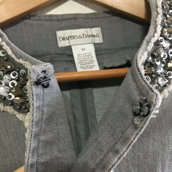 Draper's &amp; Damon's Womens M Stretch Denim Jacket Bead Embellishments Crew Neck