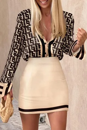 Elegant Geometric Print Printing Zipper V Neck Long Sleeve Two Pieces