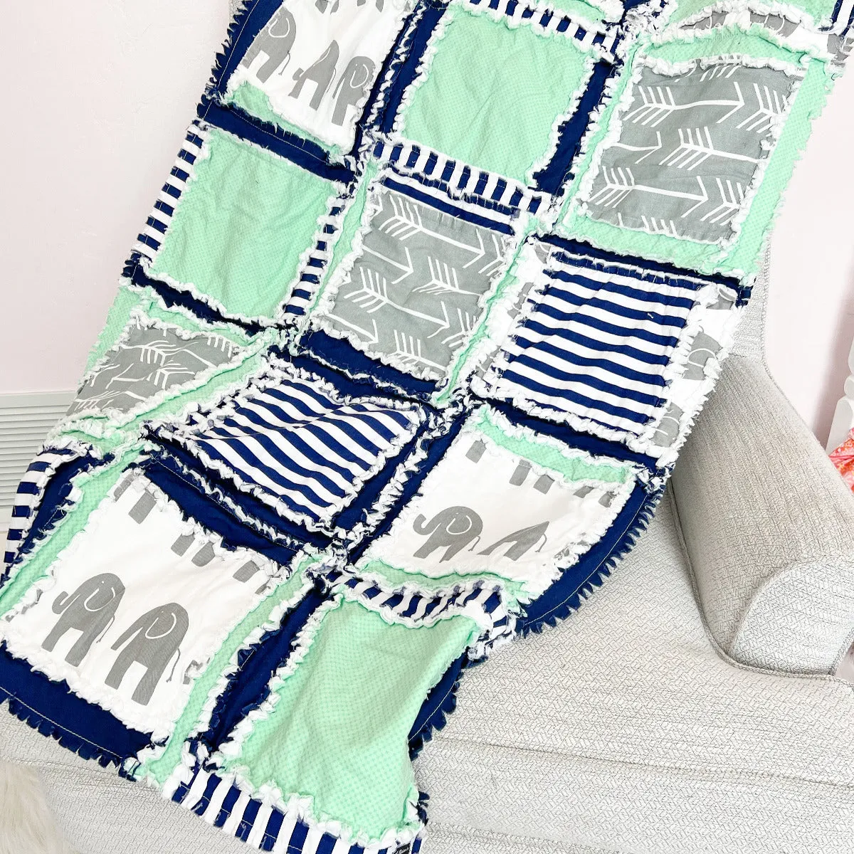 Elephant Baby Rag Quilt - Mint / Navy / Gray