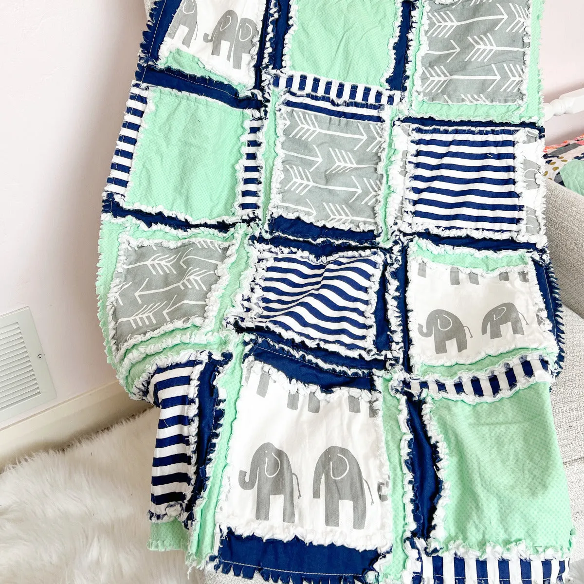 Elephant Baby Rag Quilt - Mint / Navy / Gray