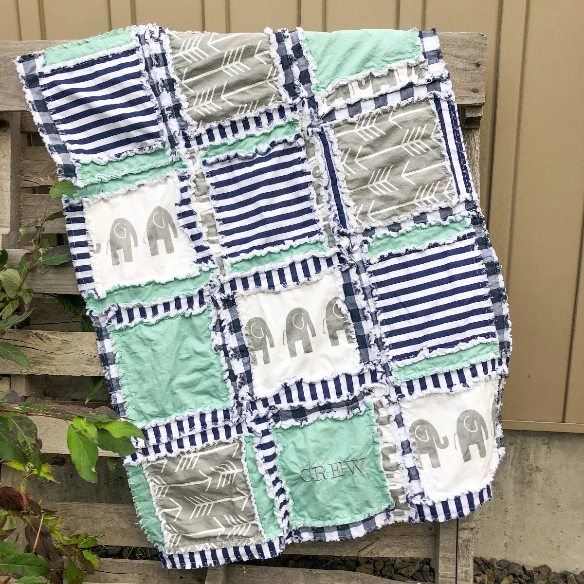 Elephant Baby Rag Quilt - Mint / Navy / Gray