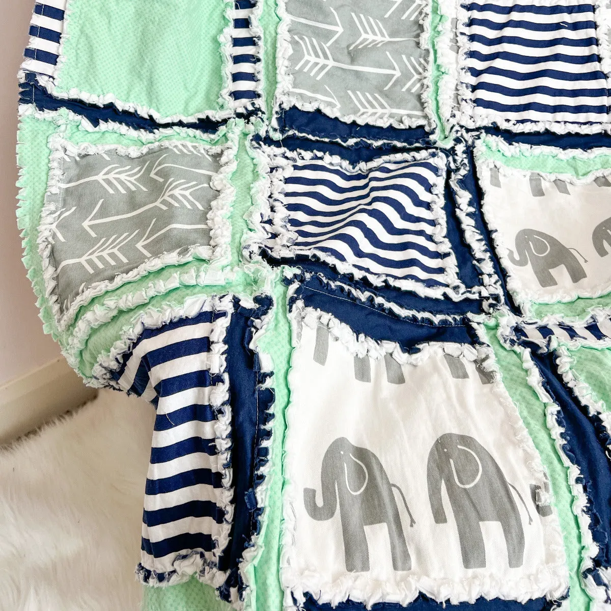 Elephant Baby Rag Quilt - Mint / Navy / Gray