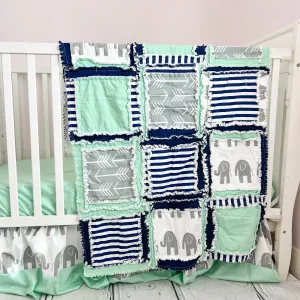 Elephant Baby Rag Quilt - Mint / Navy / Gray