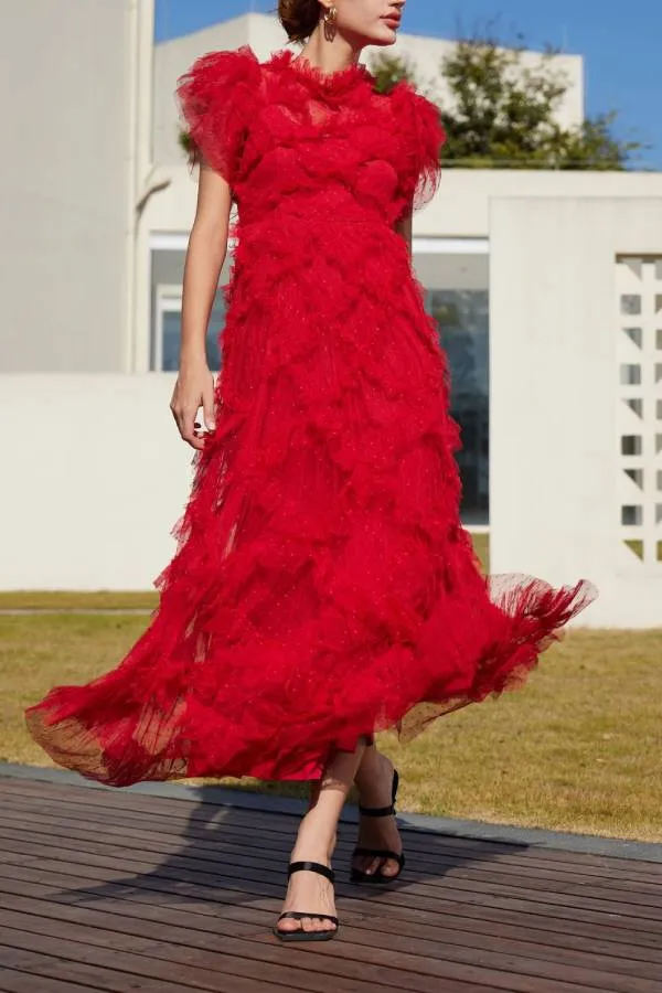 Embroidered A-line skirt half turtleneck sleeveless dress