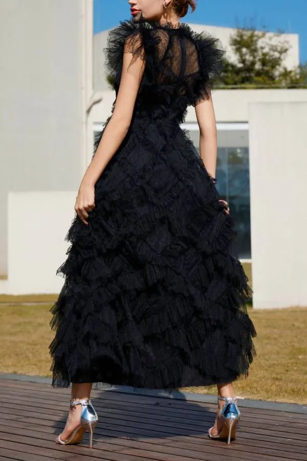 Embroidered A-line skirt half turtleneck sleeveless dress