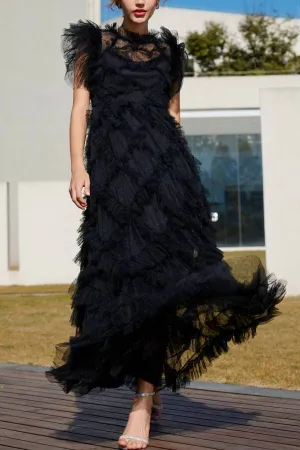 Embroidered A-line skirt half turtleneck sleeveless dress