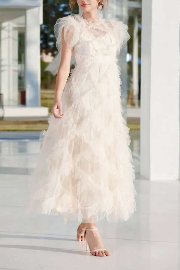 Embroidered A-line skirt half turtleneck sleeveless dress