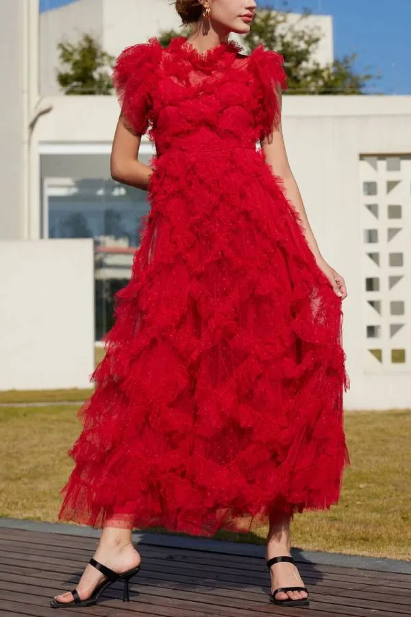 Embroidered A-line skirt half turtleneck sleeveless dress