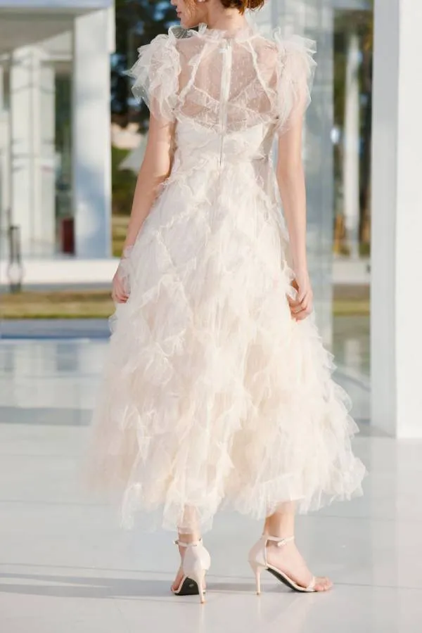 Embroidered A-line skirt half turtleneck sleeveless dress